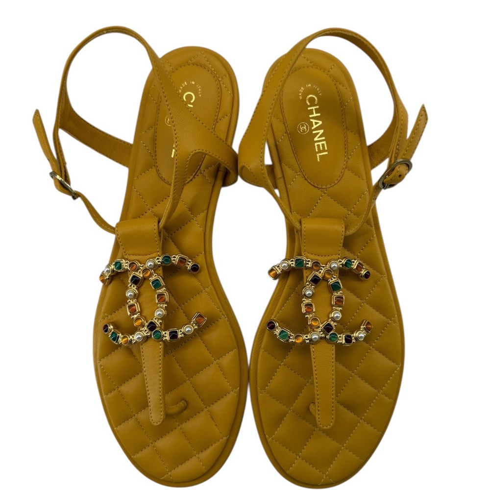 CHANEL Mustard Embellished Leather Sandals – Size 41